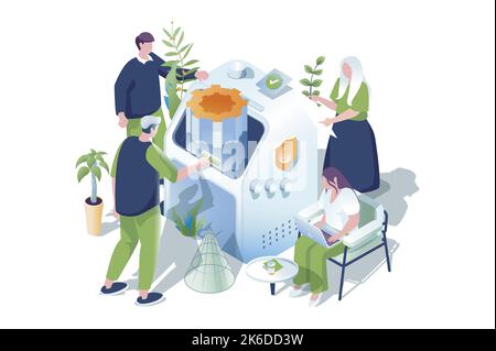 Developers team web concept in 3d isometric design. People developing software, working together at projects, fixing bugs and optimization for devices Stock Vector