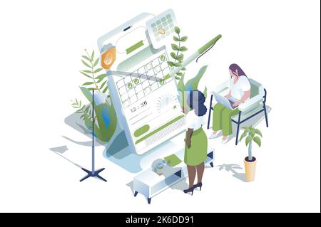 Mobile organizer web concept in 3d isometric design. People manage work tasks, making schedules lists, marks meetings on online calendar and organized Stock Vector