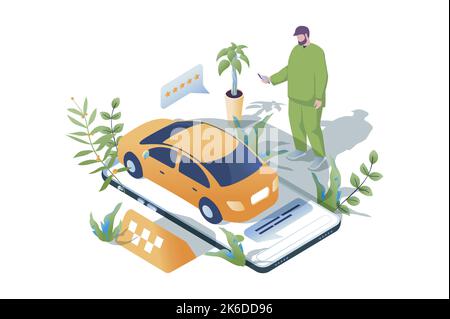 Taxi booking web concept in 3d isometric design. People using taxi application for online rental car. Man passenger waiting yellow auto for delivering Stock Vector