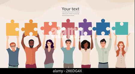 Group of diverse culture people with raised hands holding and connecting jigsaw puzzle pieces. Colleagues co-workers collaborators who cooperate Stock Vector