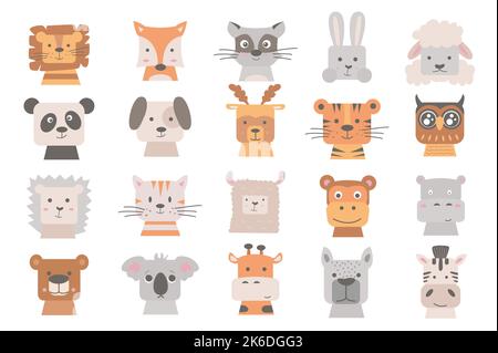 Animals heads set with cute cartoon elements in flat design. Bundle of lion, fox, raccoon, rabbit, sheep, panda, dog, tiger, owl, hedgehog, cat, lama Stock Vector