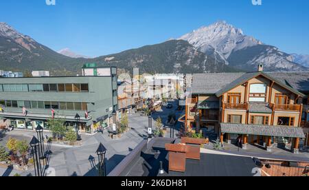 Banff, Alberta, Canada – October 07, 2022:  Overview of Bear Street with Cascade Mountain in the background Stock Photo