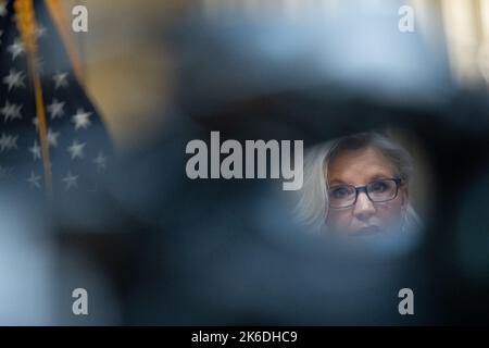 Washington, USA. 13th Oct, 2022. Representative Liz Cheney (R-WY), Committee Ranking Member, speaks during a House Select Committee to Investigate the January 6th Attack on the Capitol hearing, at the U.S. Capitol, in Washington, DC, on Thursday, October 13, 2022. (Graeme Sloan/Sipa USA) Credit: Sipa USA/Alamy Live News Stock Photo