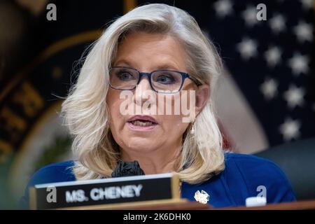 Washington, USA. 13th Oct, 2022. Representative Liz Cheney (R-WY), Committee Ranking Member, speaks during a House Select Committee to Investigate the January 6th Attack on the Capitol hearing, at the U.S. Capitol, in Washington, DC, on Thursday, October 13, 2022. (Graeme Sloan/Sipa USA) Credit: Sipa USA/Alamy Live News Stock Photo