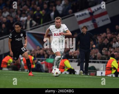 London, UK. 12th Oct, 2022. Harry Kane of Tottenham Hotspur in action. UEFA Champions league, group D match, Tottenham Hotspur v Eintracht Frankfurt at the Tottenham Hotspur Stadium in London on Wednesday 12th October 2022. this image may only be used for Editorial purposes. Editorial use only, license required for commercial use. No use in betting, games or a single club/league/player publications. pic by Sandra Mailer/Andrew Orchard sports photography/Alamy Live news Credit: Andrew Orchard sports photography/Alamy Live News Stock Photo