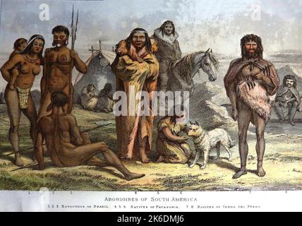 An 1890's coloured print showing native inhabitants of Brazil, Patagonia & Tierra del Fuego. Stock Photo