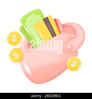 3D Wallet full of Money Isolated on White Background. Banknotes, Coins, Credit Card. 3D Design in Cartoon Style. Vector Illustration Stock Vector