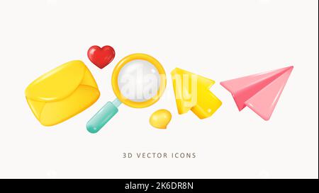 3d Icon Set. Mail, Magnifier, Mouse Cursor, Paper Plane. Realistic Glossy 3d Vector Illustration Stock Vector
