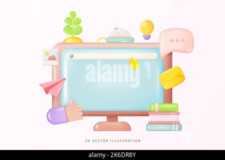 Online Education E-Learning Home Concept 3D. Desktop Computer, Blank Screen Monitor. Symbols Social Network and Media Communication. 3D Vector illustr Stock Vector