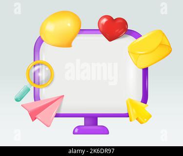 Desktop Computer, Blank Screen Monitor. Symbols Social Network and Media Communication. 3D Vector illustration Stock Vector