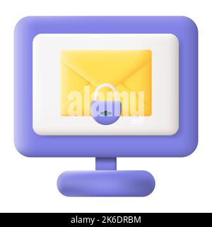 New Encrypted Email on Computer Screen Isolated on White Background. Email Digital Protection Concept. 3D Vector illustration Stock Vector
