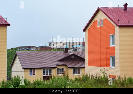 cityscape of the village of Yuzhno-Kurilsk on the island of Kunashir Stock Photo