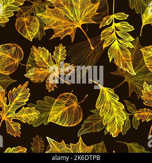 Autumn leaves on a dark background. Seamless pattern. Vector illustration. Fall foliage background Stock Vector