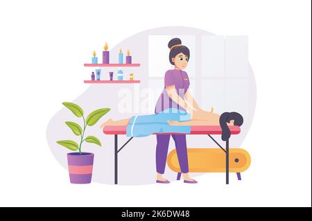 Spa salon concept in flat style with people scene. Masseuse makes back massage to client. Woman lying on couch receiving body treatment and Stock Vector