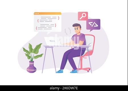 Programmer working concept in flat style with people scene. Happy man coding and programming at laptop sitting desk at home office. Developer doing Stock Vector