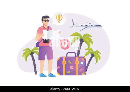 Travel vacation concept in flat style with people scene. Happy man flying to exotic resort with luggage, holding map and planning entertainment and Stock Vector