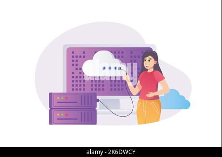 Cloud computing concept in flat style with people scene. Happy woman working with cloud service platform and maintenances hosting connection, data Stock Vector