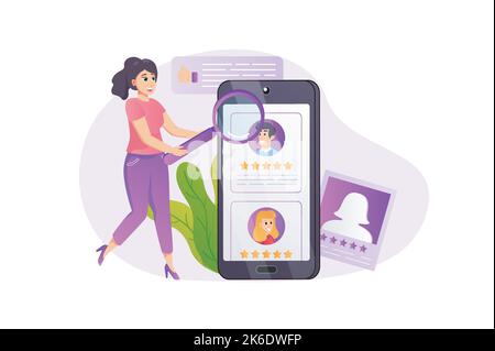 Recruitment concept in flat style with people scene. Woman with magnifier selects resumes of best specialists for vacancy. Headhunter looking for Stock Vector