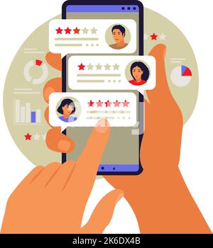 Online reviews concept. Star rating. Feedback concept. Bubble speeches on mobile phone. Vector illustration. Flat. Stock Vector