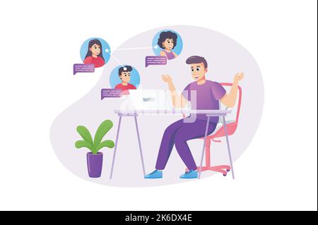 Video conference concept in flat style with people scene. Happy man communicate with friends or colleagues on group video calling using laptop program Stock Vector