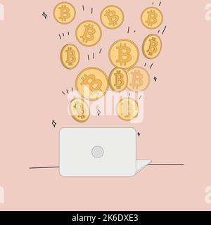 a lot of bitcoin coins are flying from a laptop Stock Vector
