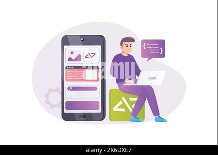 App development concept in flat style with people scene. Happy man coding, programming and creating mobile interface layout at laptop. Developer doing Stock Vector