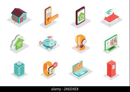 Smart Home concept 3d isometric icons set. Bundle elements of remote monitoring, automation, security system, electronic control, settings and other Stock Vector