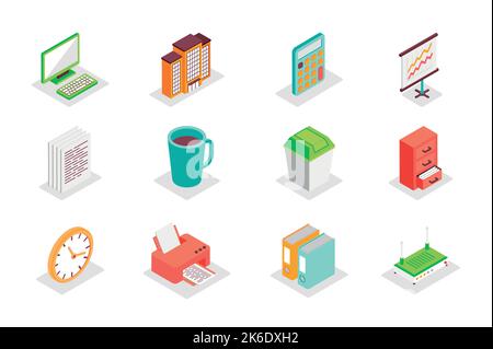 Office work concept 3d isometric icons set. Bundle elements of computer, calculator, data analysis, document, coffee cup, bin, clock, printer and Stock Vector