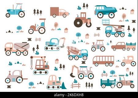 Transport and construction machinery cute set in flat cartoon design. Bundle of tractor, truck, dump, crane, excavator, concrete mixer, forklift, car Stock Vector