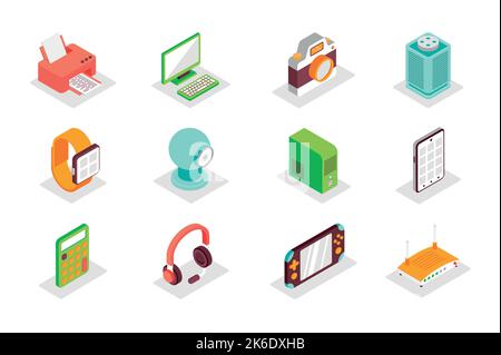 Electronics concept 3d isometric icons set. Bundle elements of printer, computer, camera, musical speaker, smart watch, tablet, calculator and other Stock Vector