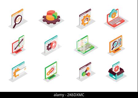Digital development and SEO concept 3d isometric icons set. Bundle elements of code, optimization, chart, graph, settings, speed, search, link and Stock Vector