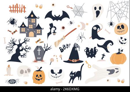 Halloween cute set in flat cartoon design. Bundle of old castle, bat, web, ghost, candy, tree, gravestone, broom, witch cap, key, pumpkin, black cat Stock Vector