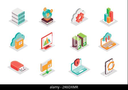 Big Data concept 3d isometric icons set. Bundle elements of server, internet, cloud, chart, information, graph, memory, folder, datum analysis and Stock Vector