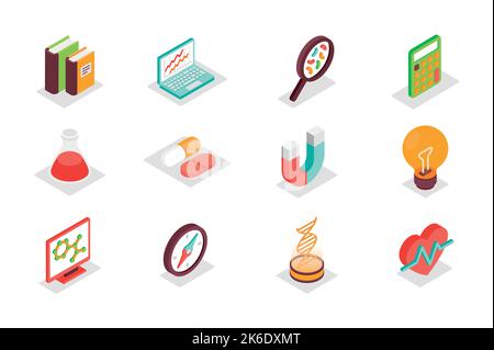 Science concept 3d isometric icons set. Bundle elements of book, data analysis, research, magnifier, calculator, test flask, pills, molecule and other Stock Vector