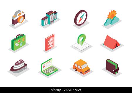 Travel and summer vacation concept 3d isometric icons set. Bundle elements of camera, hotel, compass, trip, suitcase, passport, map, camping and other Stock Vector