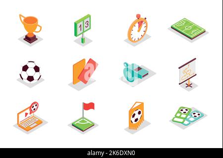 Football concept 3d isometric icons set. Bundle elements of victory cup, score, time, ball, red or orange cards, whistle, field, championship and Stock Vector