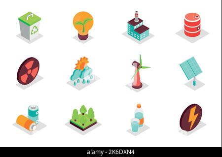 Environment concept 3d isometric icons set. Bundle elements of recycle, trash bin, green energy, factory, barrel, wind turbine, solar panel and other Stock Vector
