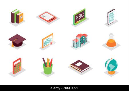 Education concept 3d isometric icons set. Bundle elements of textbook, blackboard, graduation hat, diploma, school, university, stationery and other Stock Vector