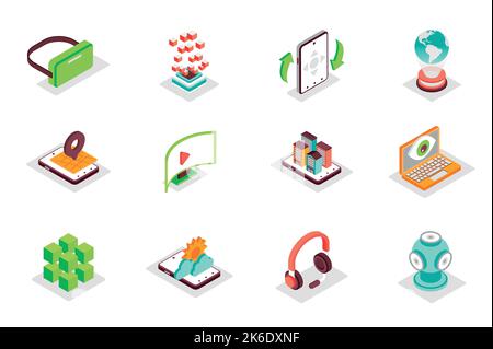 Virtual reality concept 3d isometric icons set. Bundle elements of vr headset, holographic projection, panoramic view, augmented, game gadgets and Stock Vector