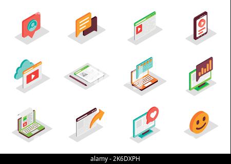 Blog concept 3d isometric icons set. Bundle elements of profile in social media, message in chat, video content, article, post, sharing, link and Stock Vector