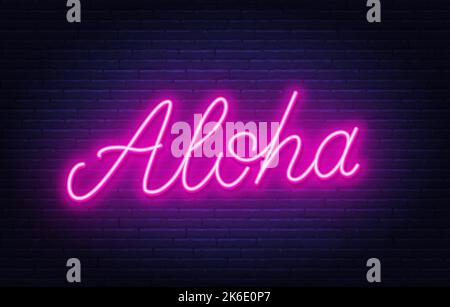 Aloha neon sign on brick wall background. Stock Vector