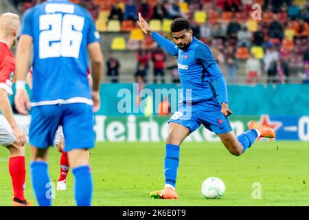 Bucharest, Romania. 13th Oct, 2022. October 13, 2022: Malcolm Edjouma #18 of FCSB during of the UEFA Europa Conference League group B match between FCSB Bucharest and Silkeborg IF at National Arena Stadium in Bucharest, Romania ROU. Catalin Soare/Cronos Credit: Cronos/Alamy Live News Stock Photo