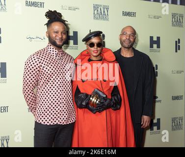 (left to right) Roman GianArthur, Janelle Monae, and Benoit Swan Pouffer attending the opening night of Rambert's Peaky Blinders: The Redemption of Thomas Shelby, at Troubadour Wembley Park Theatre in London. Picture date: Thursday October 13, 2022. Stock Photo