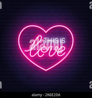 This is Love neon sign in heart shaped frame on brick wall background. Stock Vector