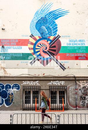 Wall-To-Wall Poetry art project 'Unity in Diversity' and Hungarian poetry by Sándor Petőfi presenting Hungary in Sofia, Bulgaria, EU Stock Photo