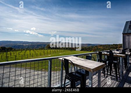 Callicoon, NY / USA - October 12, 2022:  Viewpoint from outdoor seating at Seminary Hill Orchard on a bright fall day Stock Photo