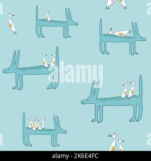 Naive style quirky dog and little goose seamles pattern. Stock Vector