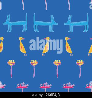 Infantile style funny dog, little goose and flowers in a raw. Stock Vector