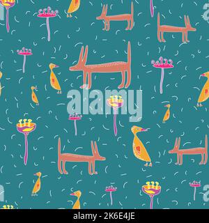 Infantile style funny dog and little goose seamles pattern. Stock Vector