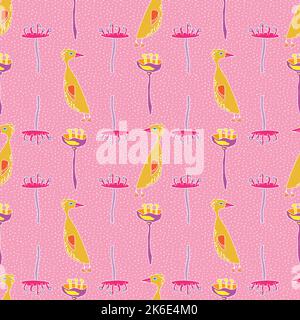 Naive style funny little goose and flowers seamles pattern on pink background. Stock Vector